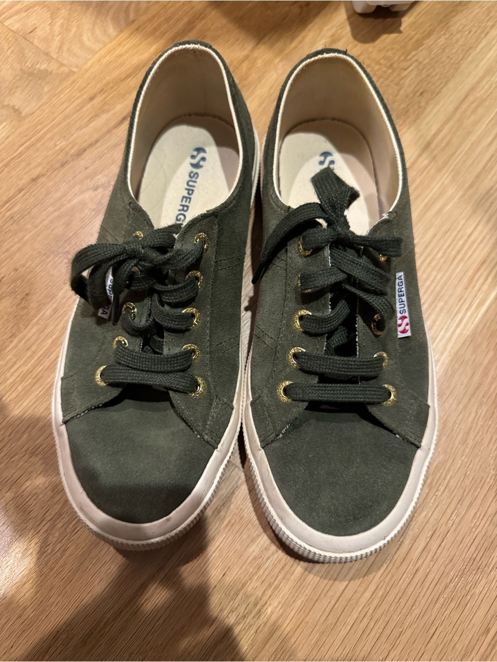 Superga Olive Suede Low-Top Sneakers with Gold Eyelets